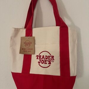 Trader Joe's Red and Cream Canvas Tote Bag